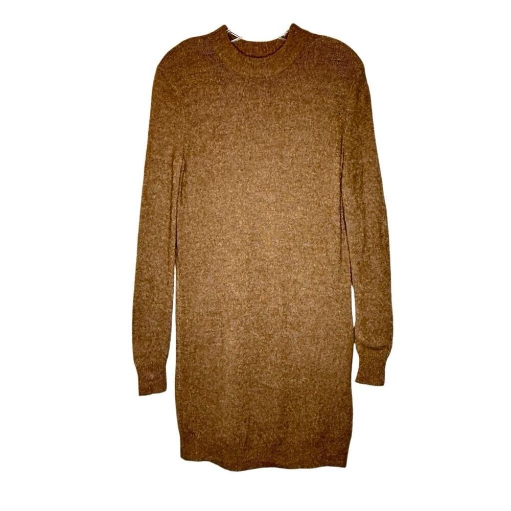 Pieces Brown Long Sleeve Pullover Sweater Dress Size M Ribbed Knit Wool Blend